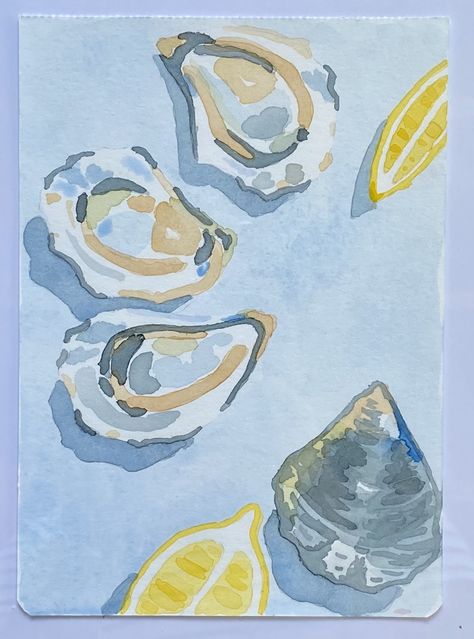 Watercolor, watercolor painting Oyster Watercolor Paintings, Oyster Drawing Simple, Oyster Graphic Design, Oyster Line Drawing, Watercolour Oyster, Oysters Watercolor, Oyster Poster, Oyster Aesthetic, Painted Oysters