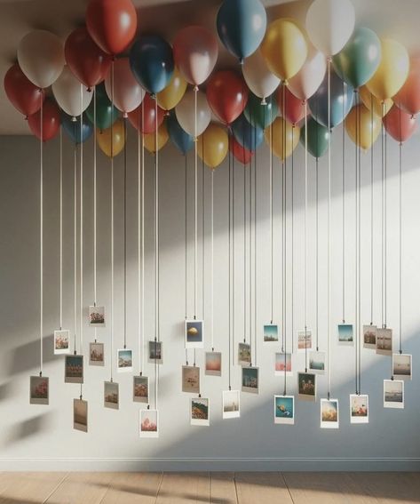 Basic Birthday Decor, Balloons With Photos Attached, Photos Hanging From Ceiling, Sentimental Birthday Party Ideas, Displaying Photos At A Party, Birthday Decorations For Mom At Home, Birthday Decor Husband, Casual Birthday Party Ideas, Diy Decoration Ideas Party