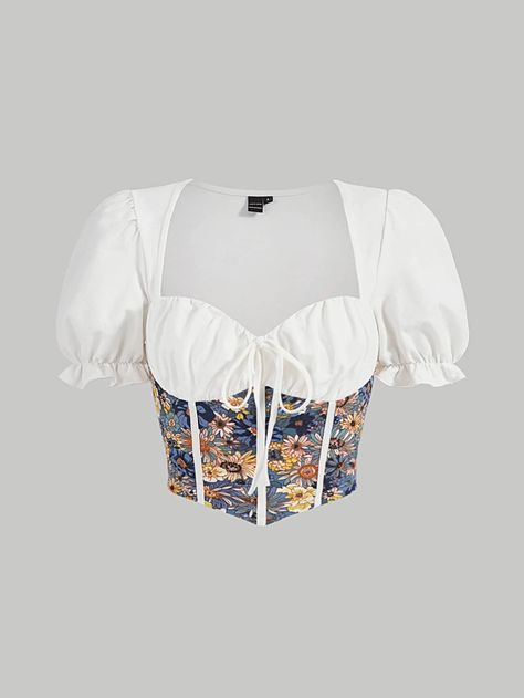 SHEIN MOD Floral Print Tie Front Puff Sleeve Crop Top | SHEIN USA Cropped Tumblr, White Boho Top, White Floral Top, Puff Sleeve Crop Top, Fabric Floral, Women Blouses, Teen Fashion Outfits, Floral Top, Women Tops