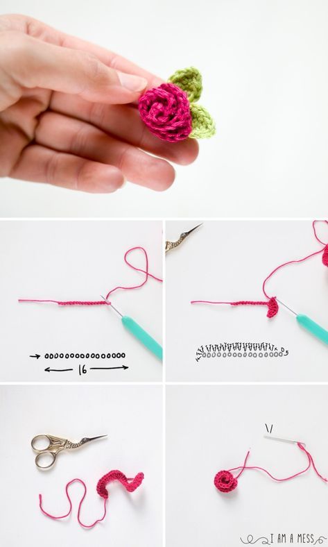 Pasos para hacer una rosa de pitimini de ganchillo Purl Bee, Crochet Flowers Free Pattern, Crochet T Shirts, Pola Amigurumi, Crochet Hair Accessories, Crochet Bookmarks, Crochet Flower Tutorial, Crochet Rose, Crochet Animal