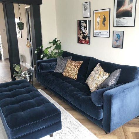 Made Scott Sofa, Lounge Navy Sofa, Made.com Scott Sofa, Velvet Navy Sofa Living Room, Navy Sofa Decor Ideas, Navy Blue Velvet Sofa Living Room, Navy Velvet Sofa Living Rooms, Navy Corner Sofa, Forest Bungalow