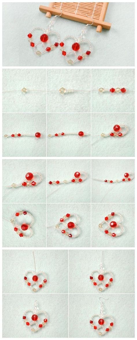 Diy Heart Earrings Beads, How To Make A Heart Bead Bracelet, Heart Bead Tutorial, How To Make Heart With Beads, Heart Bead Bracelet Tutorial, Heart Beads Tutorial, Beaded Heart Pattern, Bead Heart Tutorial, Diy Heart Earrings