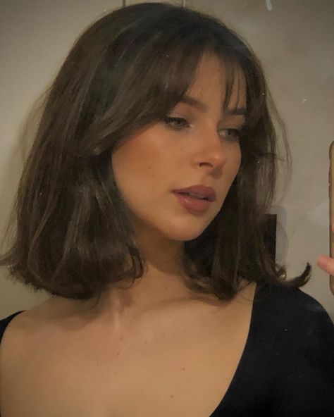 Hair Above The Shoulders, Shoulder Length Haircut Aesthetic, Dark Brunette Hair Shoulder Length, Short Hair No Layers Shoulder Length, Haircuts Above Shoulder, Curtain Bangs Straight Short Hair, Above Shoulder Length Haircuts, Fringe With Layers Shoulder Length, Brown Hair Inspo Short