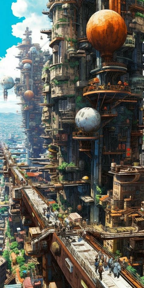 Solarpunk City, Steampunk City, Sci Fi Landscape, New Illustration, Illustration Wallpaper, Cyberpunk City, Fantasy City, Fantasy Places, Futuristic City