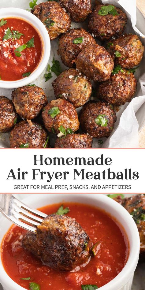 The easiest, lightest way to cook meatballs is to use the air fryer! Homemade or frozen, air fryer meatballs are perfectly cooked in no time at all, with no hot, messy oil. Perfect for meal prep, snacks, appetizers, or even a full meal! Sausage Meatballs Recipes, Air Fryer Meatballs, Prep Snacks, Meatball Appetizer Recipe, 40 Aprons, Cooks Air Fryer, Meatball Recipes Easy, Meal Prep Snacks, How To Cook Meatballs