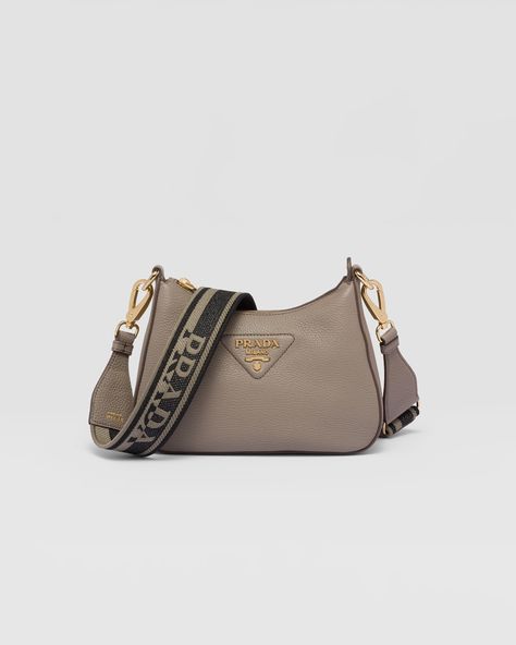 Light Grey Leggings, Tape Shoulder, Prada Purses, Metal Lettering, Gray Handbags, Prada Shoulder Bag, Lettering Logo, Prada Leather, Prada Crossbody Bag