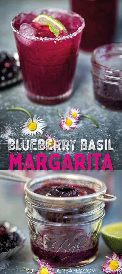 Blueberry Basil Margarita - you will love this sweeter take on the classic cocktail #margarita #tequila #cocktails #drinks #supergoldenbakes Citrus Tequila Drinks, Tequila Wedding Drinks, Basil Alcoholic Drinks, Drinks With Basil Alcoholic, Blueberry Tequila Cocktail, Blueberry Basil Cocktail, Cocktails With Blueberries, Blueberry Cocktail Recipes, Basil Cocktails