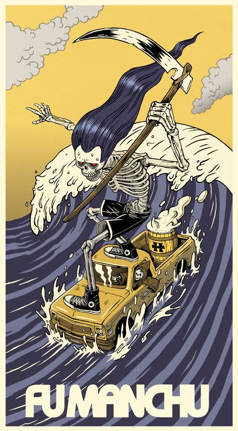 Fu Manchu, Rock Poster Art, Skateboard Art Design, Wave Illustration, Skull Art Drawing, Heavy Metal Art, Skeleton Art, Lowbrow Art, Rock Posters