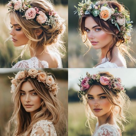 Boho flower crown hairstyles embody the spirit of freedom, romance, and individuality that many brides seek on their special day. These enchanting looks, adorned with natural blooms and effortless textures, create a perfect blend of elegance and whimsy. Whether you prefer loose waves, intricate braids, or messy buns, incorporating a flower crown adds a stunning focal point to your bridal style. Explore these captivating hairstyles that celebrate the beauty of nature and reflect your unique ... Curly Hairstyles With Flower Crown, Floral Crown For Bride, Boho Flower Crown Bride, Beach Wedding Flower Crown, Wedding Hair With Flower Crown, Flower Crown Updo, Flower Crown Wedding Hair, Bride Flower Crown, Glam Garden