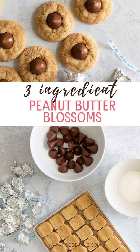 3 ingredient peanut butter blossoms Peanut Butter Blossom Cookies Reeses, Peanut Butter Blossoms Easy, Pillsbury Peanut Butter Blossoms, Easy Hershey Kiss Cookies, Easy Blossom Cookies, Easy Peanut Butter Cookies With Kisses, Peanutter Blossom Cookies, Peanut Butter Blossom Cookies Easy, Hershey Kiss Cookies Recipe Easy