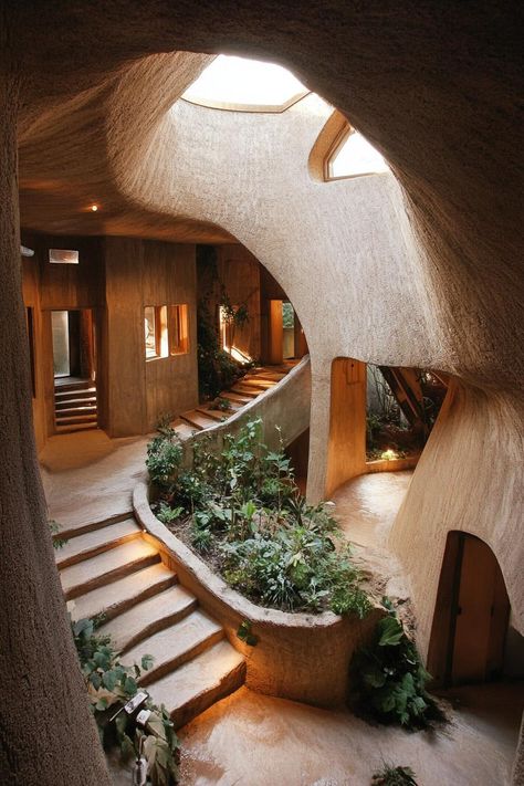 High angle view of an earth sheltered hillside house with inner courtyard and skylights. Check out all of these stunning houses built into the hillside that look like they belong in a fairy tale. Underground House Interior, Cave House Exterior, Organic Building Architecture, Weird Houses Unusual Homes, House With Inner Courtyard, Earth House Design, Solar Punk House, Solarpunk House, Steep Hillside House