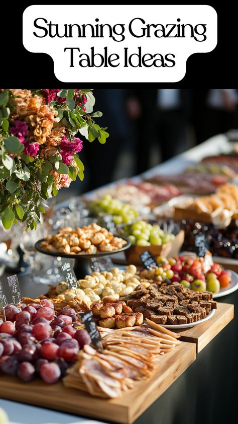 Beautiful grazing table at a wedding reception featuring a variety of snacks and treats. Small Grazing Table Ideas Diy, Grazing Table For 50 People, Grazing Table Ideas Wedding Reception, Rustic Holiday Party, Grazing Table Ideas, Wedding Shower Food, Food Display Table, Appetizer Display, Holiday Party Appetizers