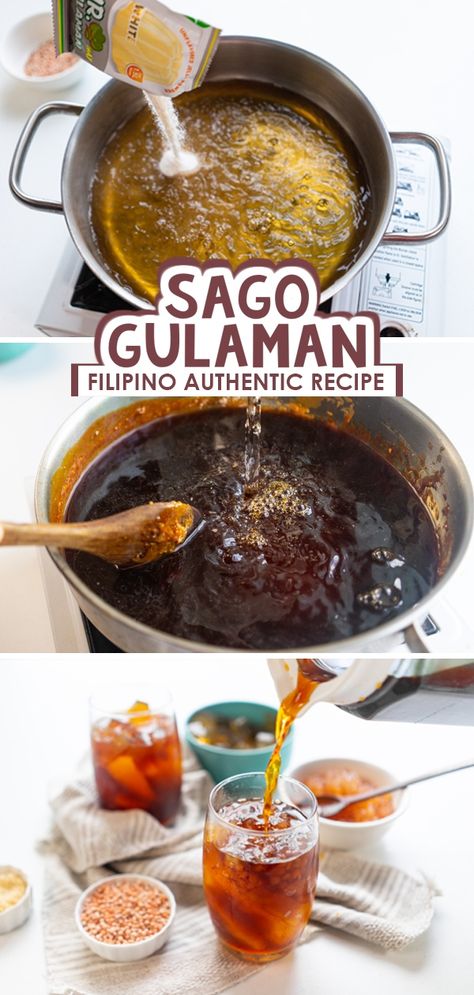 Filipino Drink Recipes, Gulaman Drinks Filipino Recipes, Sago Recipes Filipino, Sago Gulaman Recipe, Gulaman Recipe Filipino Food, Sago Gulaman Drink, Sago Drink Recipe, Palamig Drinks, Merienda Pinoy