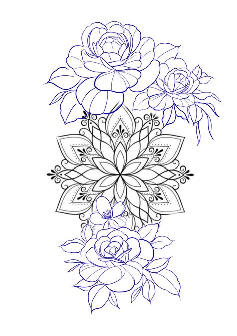 Back Of Knee Tattoo Women, Mandala Tattoo Drawing, Half Flower Tattoo, Mandala Tattoo Sleeve Women, Sleeve Drawing, Half Mandala Tattoo, Dotwork Tattoo Mandala, Unique Half Sleeve Tattoos, Floral Mandala Tattoo