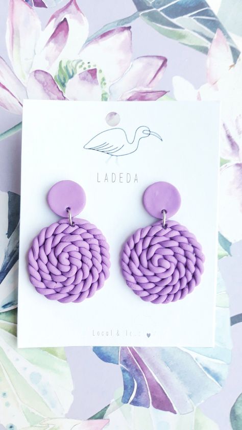 LADEDA Clay Earrings ♡ Knit Polymer Clay Earrings, Clay And Beads Earrings, Clay Made Earrings, Jewellery From Clay, Purple Clay Earring Ideas, Lavender Clay Earrings, Easy Clay Earrings For Beginners, Clay Statement Earrings, Fimo Earrings Diy Polymer Clay Tutorials