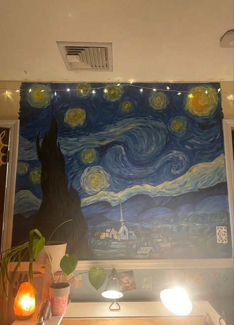 Vangoh painting, starry night, room mural, aesthetic bedroom, art, blue mural, cottagecore Starry Night Room, Tattoo Room, Blue Mural, Painting Starry Night, Night Room, Bedroom Stuff, Starry Night Painting, Room Wall Painting, Artist Aesthetic