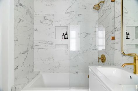 See How Tile and Brass Updated This Tiny Bath Small White Bathrooms, Tile Tub Surround, Tiny Bath, Bathroom Makeovers, Shower Wall Tile, Wall Exterior, The Tile Shop, Bathroom Reno, Corner Shower