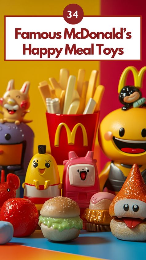 A collection of famous McDonald's Happy Meal toys featuring classic characters and limited-edition collectibles arranged on a colorful background, showcasing the nostalgia and fun behind these iconic treasures. Batman Car, Mcdonald's Happy Meal, Classic Characters, Rescue Rangers, Despicable Me 2, Inspector Gadget, Berenstain Bears, Muppet Babies, Potato Heads