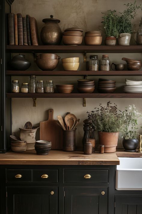 Dark Academia Apartment Kitchen, Dark Wood Kitchen Aesthetic, Studio Ghibli Kitchen Aesthetic, Earthy Small Kitchen, Dark Academia Kitchen Ideas, Moody Galley Kitchen, Rustic Kitchen Shelving, Modern Medieval Aesthetic, Dark Earthy Kitchen