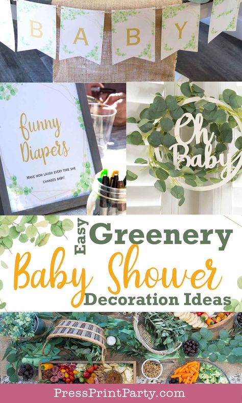 Greenery Baby Shower Decor Ideas with Eucalyptus and Printables - Get Inspired by this fun baby shower perfect for a boy or a girl or when you don't know the gender (gender neutral). Find the greenery baby shower invitation, the baby shower decorations, and where to get them as well as some fun baby shower activities that are not games. Plenty of eucalyptus baby shower decor for inspiration and how to do it. As well as tips on planning the best baby shower - Press Print Party! Dusty Blue And Sage Green Baby Shower Ideas, Baby Shower Botanical Theme, Greenery Baby Shower Ideas Centerpieces, Simple Baby Shower Centerpieces For Boys, Ivy Baby Shower Ideas, Plant Theme Baby Shower Ideas, Botanical Baby Shower Decor, Baby Shower Greenery Theme Boy, Baby Shower Eucalyptus Theme