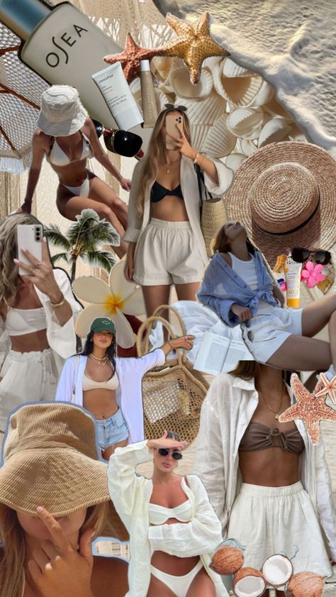 Inspo board of coastal beach essentials and outfits Outfits Summer Casual, Girl Vacation, Tropical Outfit, Island Outfit, Girls Vacation, Vacay Outfits, Beach Bachelorette, Bachelorette Outfits, Summer Beach Outfit