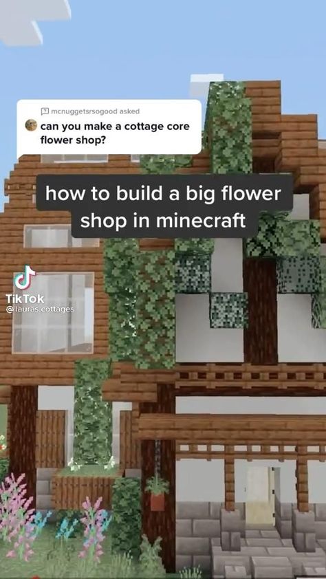 Cute Cottages Minecraft, Minecraft House Designs Cottage, Mincraft Idea Cottage, Cute Minecraft Shop Builds, Mincraft Idea Houses Cute Cottage, Cute Minecraft Flower Shop, How To Build A Minecraft Cottage, Minecraft Building Ideas Flower Shop, Aesthetic Minecraft Shop Ideas