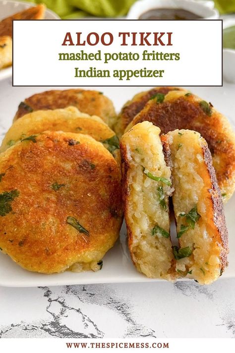 These aloo tikkis are a classic appetizer – mashed potato patties that are crispy and soft on the inside. Use them as a vegetarian burger or dip it in your favorite chutney for the perfect Indian appetizer anytime! Indian Appetizers Vegetarian, Tikki Recipes, Aloo Tiki, Mashed Potato Fritters, Pakistani Snacks, Pakistani Dinner, Easy Indian Appetizers, Indian Sides, Aloo Tikki Recipe