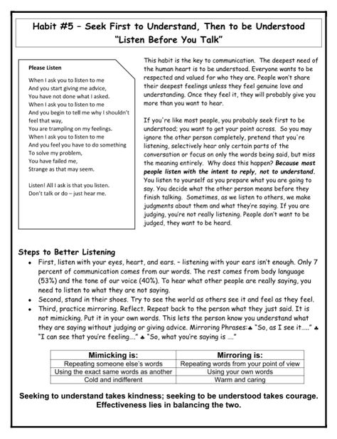 Habit 5 seek first to understand info sheet Seek First To Understand Habit 5, Seek First To Understand Then To Be Understood, Habit 5 Seek First To Understand, Listening To Understand, 7 Habits Activities, Covey 7 Habits, 7 Habits Of Happy Kids, Counseling Classroom, Group Counseling Activities