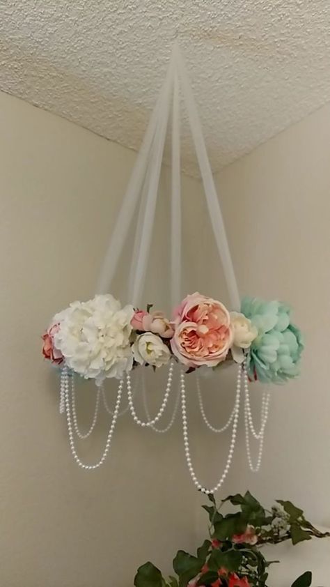 25+ Magical Princess Room Decor Ideas for Your Little Lady Pearl Diy Decoration, Diy Flower Mobile, Girly Decorations, Flower Chandelier Diy, Flower Mobile Nursery, Hanging Florals, Princess Room Decor, Magical Princess, Flower Mobile