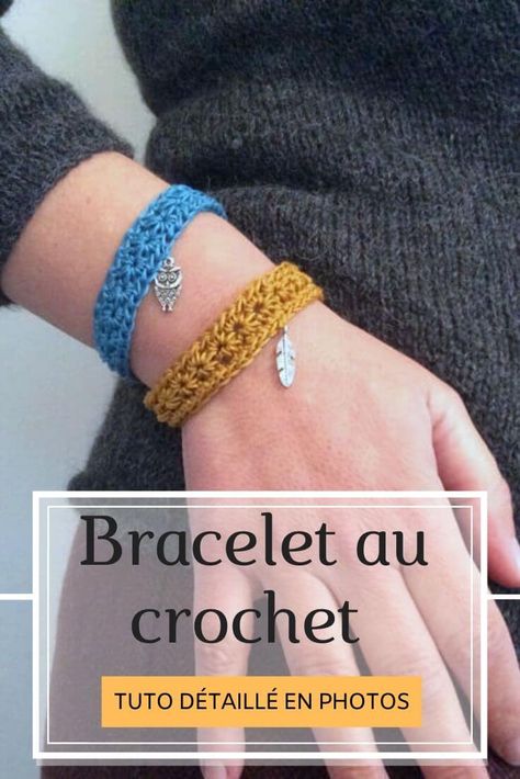 ▷ Bracelet au crochet (tuto) Bracelet Au Crochet, Crochet Bracelet Tutorial, Art Au Crochet, Crochet Bracelets, Crochet Bracelet Pattern, Crochet Couture, Bracelet Crochet, Wrist Bracelet, Couture Mode