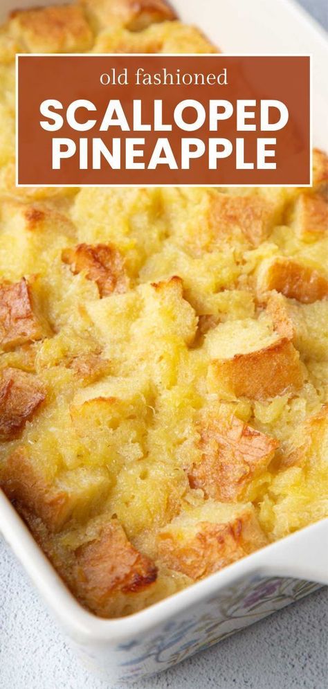 This classic Scalloped Pineapple Casserole is the perfect side dish for ham! It's sweet but not overly so, with a custard-like bottom and crispy edges. Pineapple Recipes Dinner Side Dishes, Scalloped Pineapple Casserole, Ham Dinner Side Dishes, Pineapple Recipes Dinner, Scalloped Pineapple, Side Dishes For Ham, Pineapple Casserole, Old Fashioned Recipe, Ham Dinner