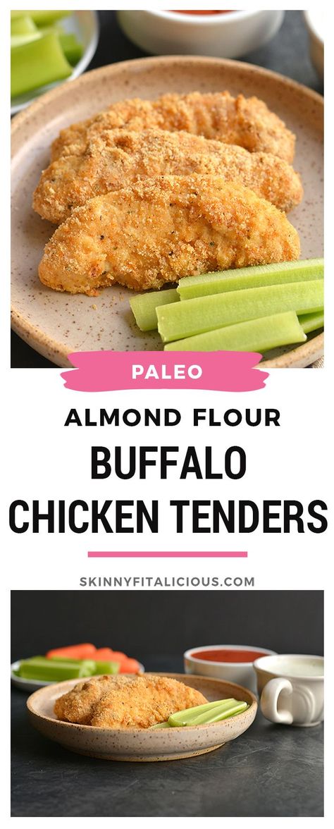 Low Carb Almond Flour Buffalo Chicken Tenders! A 30-minute, high protein meal! #highprotein #paleo #almondflour #chickentenders #buffalo #skinnyfitalicious #lowcarb #dinner #healthy Almond Flour Chicken, Paleo Chicken Tenders, Gluten Free Chicken Tenders, Flour Chicken, Buffalo Chicken Tenders, Low Calorie Chicken, Chicken Tender, Best Low Carb Recipes, Paleo Lunch