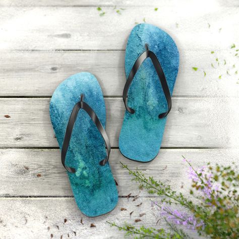 My original watercolor art printed on flip flops. #beachwear #vacation #travel #flipflops #WearableArt #CherylEngstromArt Green Watercolor Texture, Blue Green Watercolor, Custom Sandal, Watercolour Texture Background, Vacation Shoes, Original Watercolor Art, Green Watercolor, Texture Background, Watercolor Texture