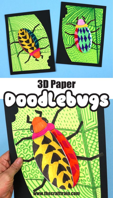 patterned paper insects on leaves created with doodle art designs Symmetry Bugs Art Project, Insects Craft, Minibeast Art, Craft For Older Kids, Insect Activities For Kids, Insect Art Projects, Symmetry In Nature, Gi Ga Groen, Bug Craft