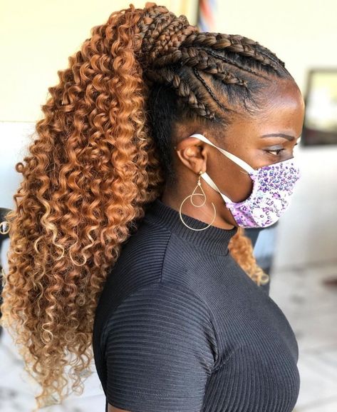 Goddess Cornrows with a Curly Ponytail Two Goddess Braids, Goddess Cornrows, Ponytail Weave, Goddess Braids Updo, Goddess Braid Styles, Goddess Twist, Curl Braids, Scalp Braids, Half Braid