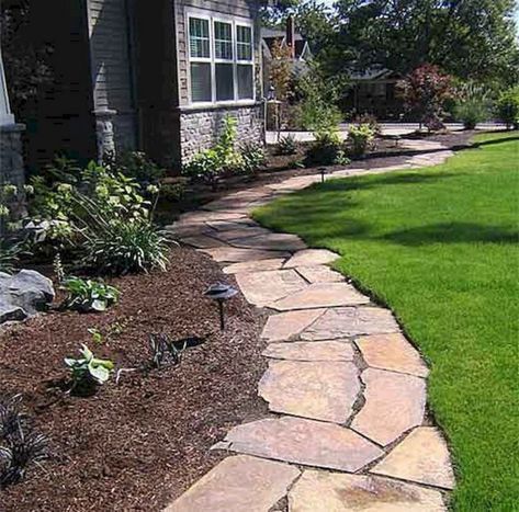 46+ Beautiful Front Yard Path Walkway Design Ideas - Page 40 of 47 Flagstone Pathway, Flower Bed Borders, Flower Bed Edging, Walkways Paths, Flagstone Patio, Stone Walkway, Stone Path, Diy Outdoor Decor, Sprinklers