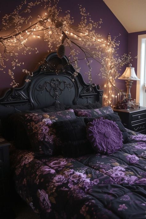 Dark Purple And Gray Bedroom, Whimsical Goth Decor, Whimsigoth Bedroom Aesthetic, Purple Witchy Bedroom, Romantic Gothic Bedroom, Dark Purple Room Aesthetic, Black And Purple Bedroom Ideas, Dark Purple Bedding, Romantic Goth Bedroom