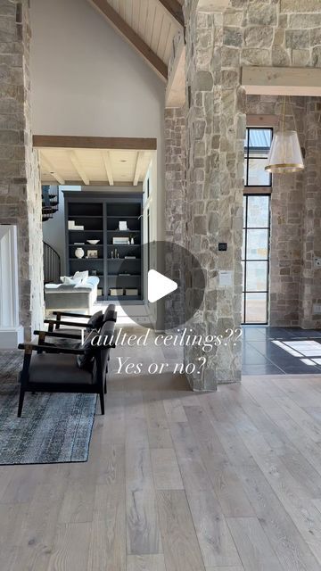 Becki Owens on Instagram: "Vaulted ceilings?? Are you in or out?  Love this space in our #threefallsproject 🤍🤍🤍  Build @splitrockcustomhomes and @grovehomesutah  Arch @stevetiek" Two Story Vaulted Ceiling Living Room, Modern Farmhouse Vaulted Ceiling, Vaulted Great Room With Fireplace, Wood Beams On Ceiling Vaulted, Coffin Ceiling, Vaulted Beams, Half Vaulted Ceiling Living Room, Becki Owens Design, Cathedral Ceiling Living Room