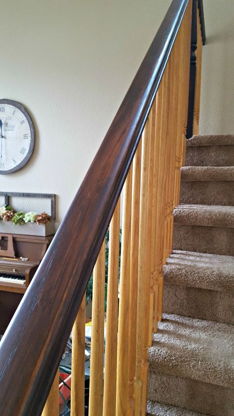 to Banister Makeover, General Finishes Java Gel Stain, Wood Banister, Oak Banister, Stair Railing Makeover, Diy Staircase Makeover, Diy Stair Railing, Stair Renovation, Java Gel