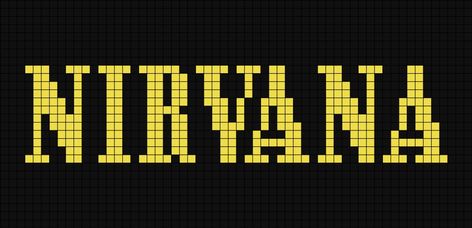 A pixel art template of the Nirvana logo (text) in colour, yellow on black. Perler Bead Band Logos, Nirvana Alpha Pattern, Nirvana Perler Beads, Lovejoy Pixel Art Grid, Band Logo Pixel Art, Deftones Pixel Art, Album Cover Pixel Art Grid, Album Covers Pixel Art, Cool Pixel Art Grid