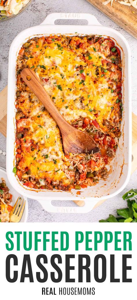 From skillet to baking dish, warm & hearty Stuffed Pepper Casserole is the best weeknight recipe you’ll love making for your family! #Realhousemoms #stuffedpepper #casserole #maindish #healhtymeal #easyrecipe #weeknightdinner #groundbeef #laborday #potluck Stuffed Green Pepper Casserole Crockpot, Stuffed Peppers Casserole, Green Pepper Casserole, Unstuffed Pepper Casserole, Veggie Casserole Recipes, Make Ahead Casseroles, Healhty Meals, Pepper Casserole, Vegetable Casserole Recipes