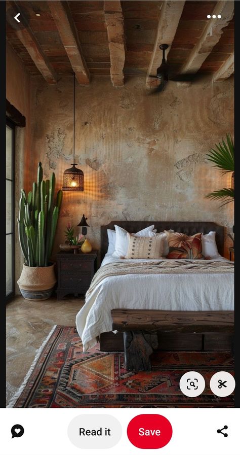 Modern Mexican Living Room, Hacienda Interior Design, Mexican Living Room, Modern Hacienda, Modern Boho Bedroom, Earthy Bedroom, Boho Style Bedroom, Accent Wall Bedroom, Vintage Bedroom