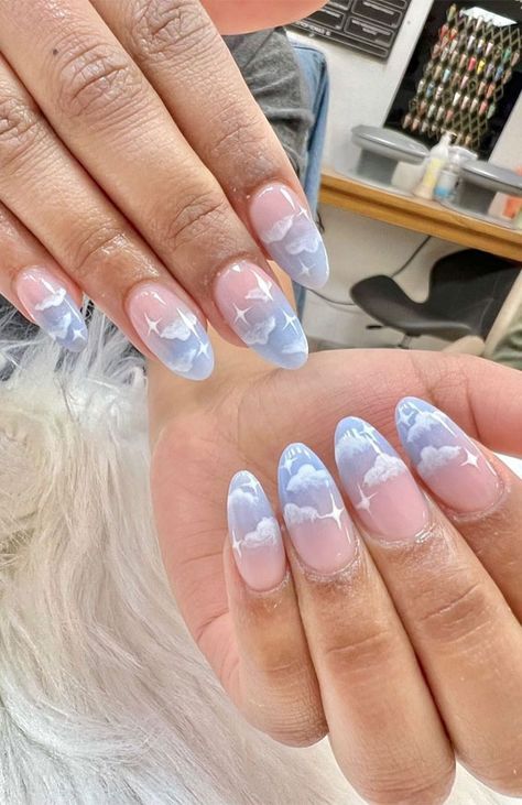 ombre blue and pink cloud nails, cloud nails, blue cloud nails Pink Cloud Nails, Pink Blue Nails, Disney Nail Art, Cloud Nails, Blue Ombre Nails, Baby Blue Nails, Sky Nails, Pink Ombre Nails, Cute Nail Art Designs