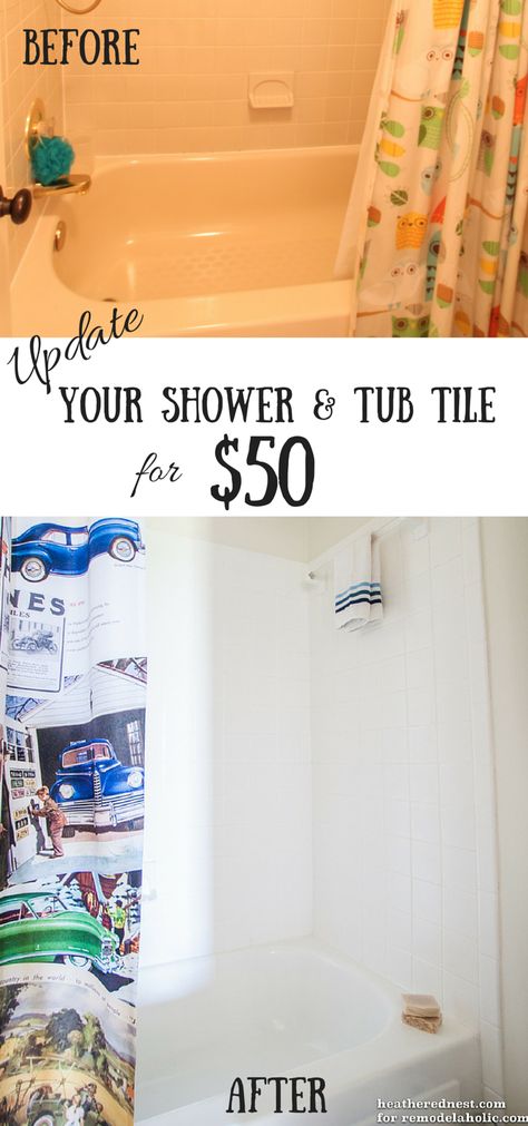 DIY tub and tile reglazing project! Lighten and brighten your bath for about $50 in one weekend! Great way to update a tile shower surround. Shower Tub Combo Remodel, Tile Shower And Tub, Shower And Tub Combo, Bathtub Clawfoot, Bathtub Diy, Bathtub Painting, Shower Tub Combo, Mobile Home Bathrooms, Outdated Bathroom