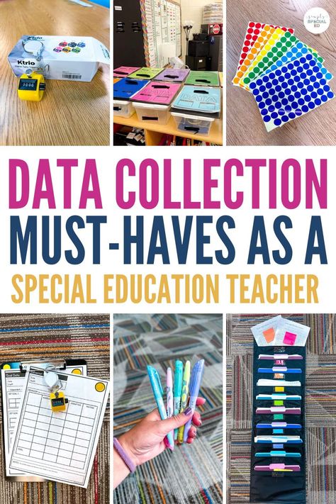 Data collection is essential for special education teachers. When building IEP goals, it is important to have data collection for special education students. I’m sharing my best teacher tips that are must haves for data collection. IEP goal bins, color coded folders, clipboards, and sticker dots help me stay organized. Data collection sheets help track the information. Timers, stopwatches, and highlighters are just some of the teacher school supplies to have. Learn more today! Special Education Supplies, Iep Data Collection Organization, Early Childhood Special Education Classroom Setup, Iep Goal Bins, Special Education Bulletin Boards, Slp Crafts, Iep Data Collection, Testing Coordinator, Teacher School Supplies