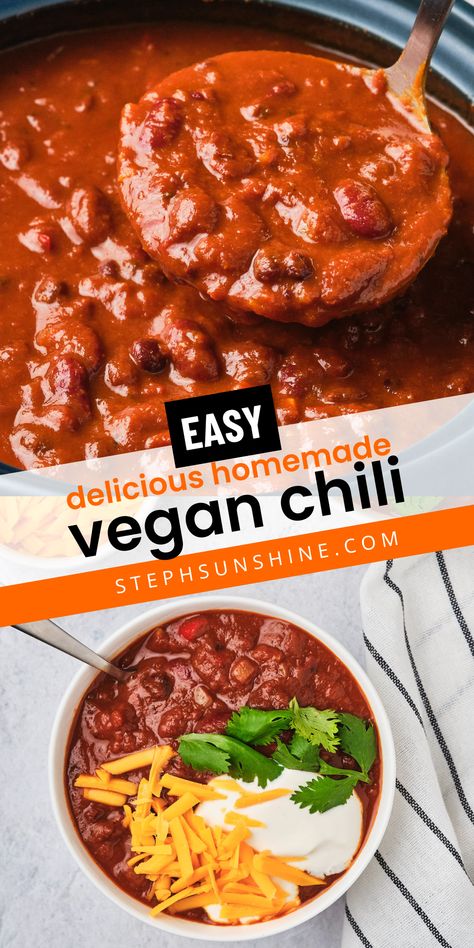 Vegan chili in a pot and in a bowl with toppings, text says, "easy, delicious, homemade vegan chili." Vegan Chili Beans Recipe, Chili Recipe Vegan, Chilli Recipe Crockpot, Meatless Chili Recipe, No Meat Chili Recipe, Vegan Chilli Recipe, Vegan Chili Crockpot, 3 Bean Chili, Vegan Bean Chili