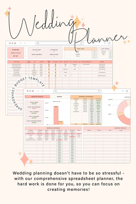 Wedding Planner Spreadsheet Template for Google Sheets Wedding Planner with Guest List and Budget Wedding Planning Spreadsheet Google Docs, Wedding Spreadsheet Templates, Wedding Guest List Spreadsheet, Wedding Planner Spreadsheet, Wedding Spreadsheet, Wedding Planning Spreadsheet, Wedding Budget Spreadsheet, Wedding Budget Template, Budget Spreadsheet Template