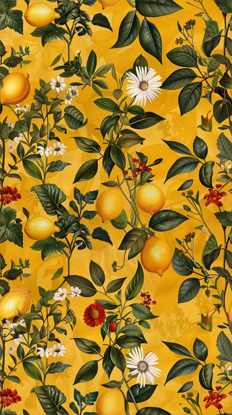 Fruits Art, Lemon Flowers, Tropical Patterns, Vintage Floral Wallpapers, Mural Design, Delicate Flowers, Floral Artwork, Fruit Art, Tropical Pattern