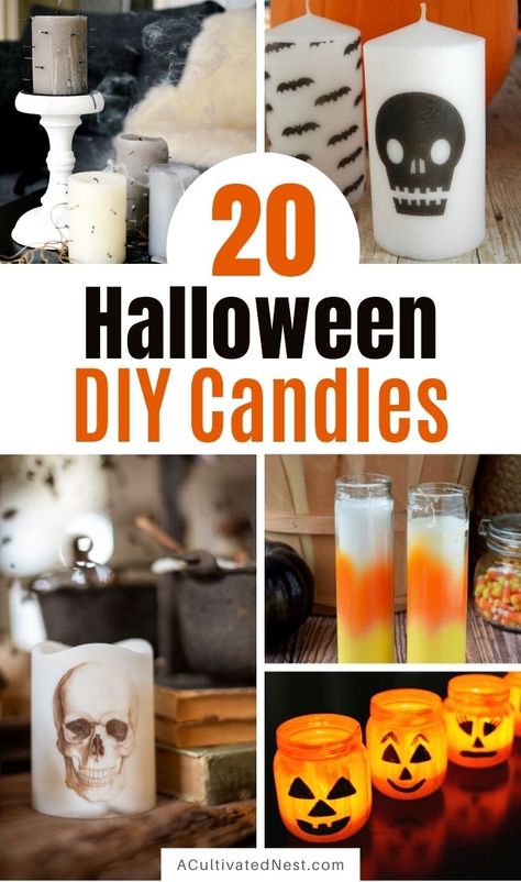 20 Spooky DIY Halloween Candles- These fun DIY Halloween candles are exactly what you need to add a spooky touch to your space this October! | #Halloween #DIYs #diyCandles #crafts #ACultivatedNest Halloween Candlesticks Diy, Halloween Diy Candles, Diy Halloween Candles, Halloween Candle Ideas, Diy Halloween Candle Holders, Halloween Candle Decor, Christmas Tree Ideas 2023, Floating Candles Halloween, Halloween Candles Diy