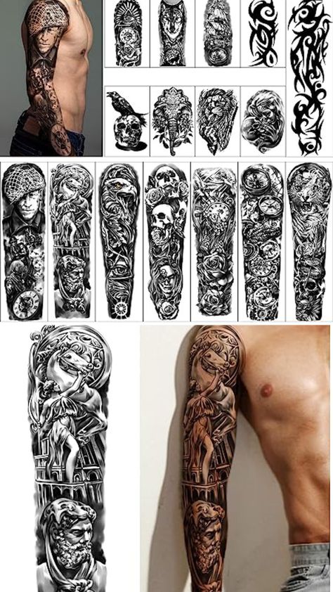 Extra large size temporary tattoos can cover your body parts larger,The full-arm tattoo on the market is only 18.9 inches (48CM) long, which doesn't cover the whole arm very well. Yazhiji's full-arm tattoo is 22.83 inches (58CM) long, which covers the whole arm very well. full arm size is 22.8*7.1 inch(58*18cm), 8 sheets; half arm size is 9.45*6.7 inch (24*17cm) 8 sheets. Stickers For Men, Arm Temporary Tattoos, Full Arm Tattoos, Large Tattoos, Arm Tattoos For Guys, Tattoo Stickers, Shoulder Tattoo, Temporary Tattoos, Tattoo On